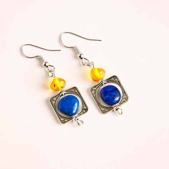 Lapis Lazuli and Baltic Amber Dangle Boho Earrings - Picture 2 of 3